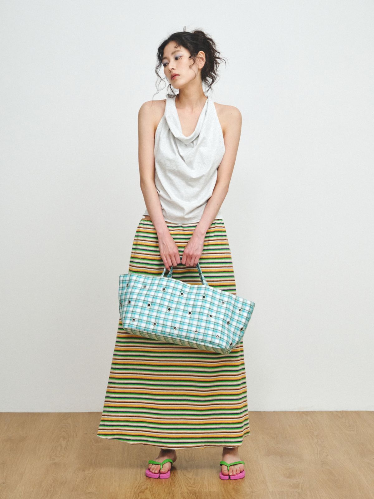 플리즈프로젝트(PLZPROJECT) FREAKY EYELET SHOPPER BAG, GREEN CHECK