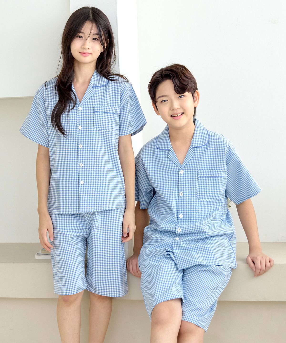 핑코코(PINGCOCO) 2083 블루체크 반팔 주니어 잠옷 파자마세트
