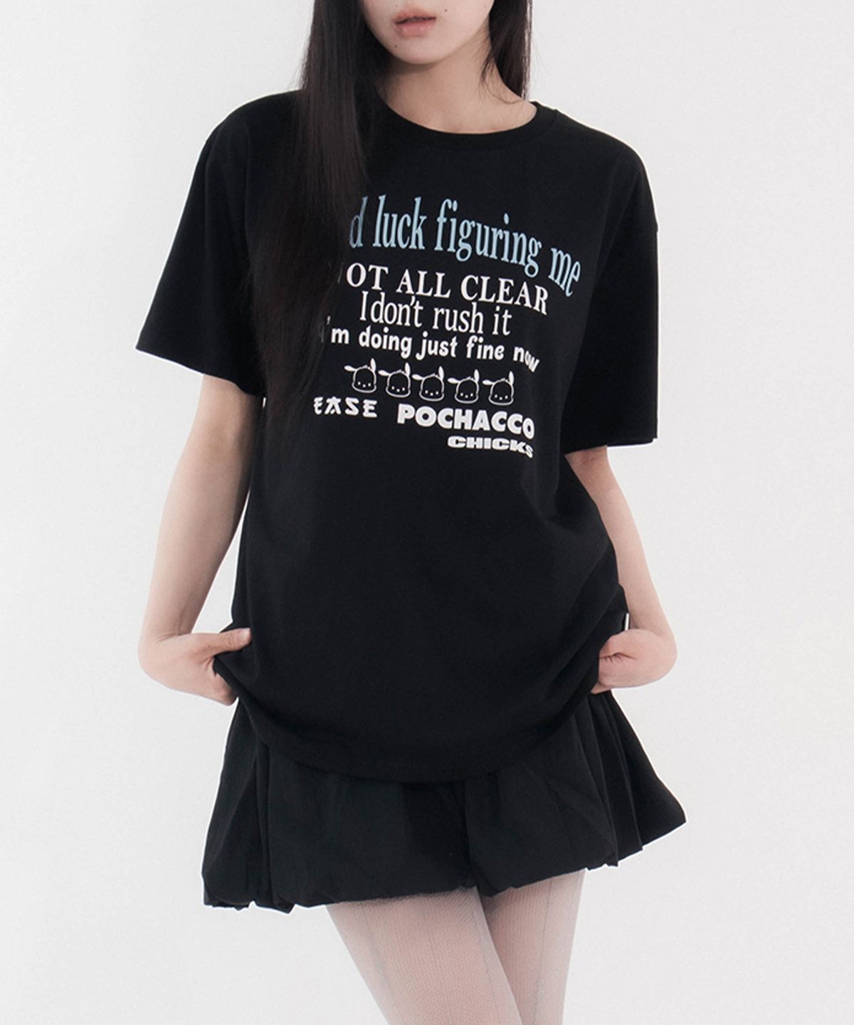 칙스(CHICKS) 포차코 굿럭 오버 반팔 티셔츠 블랙