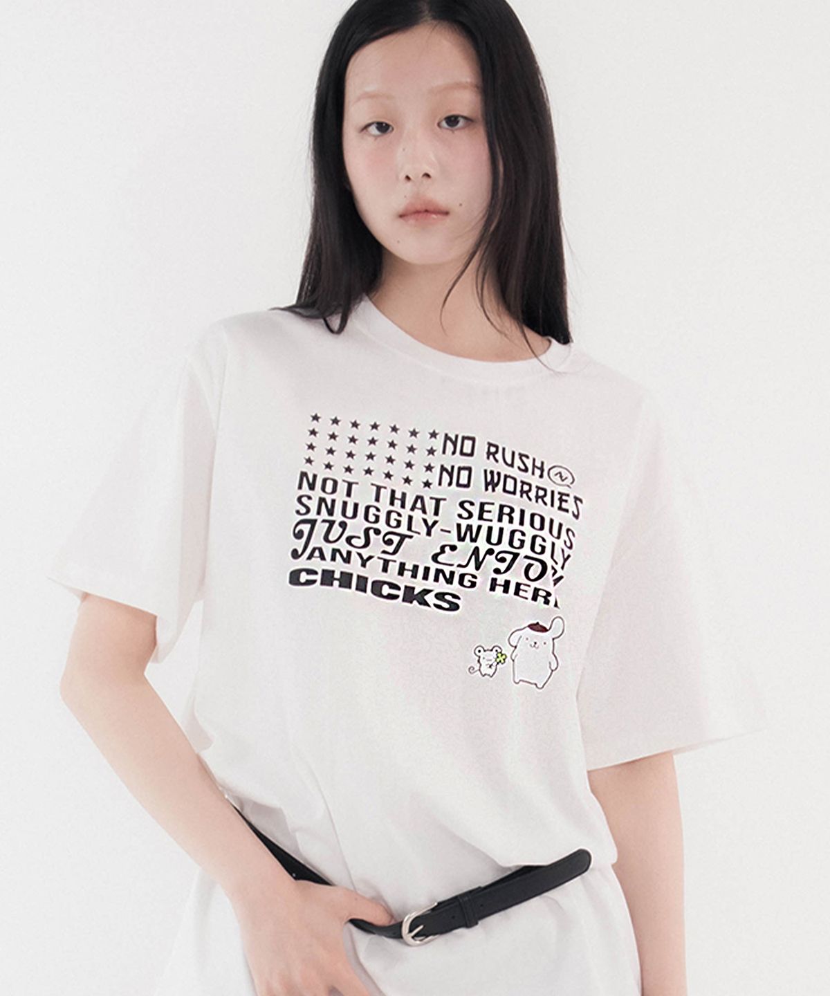칙스(CHICKS) 폼폼푸린 워글리 오버 반팔 티셔츠 화이트