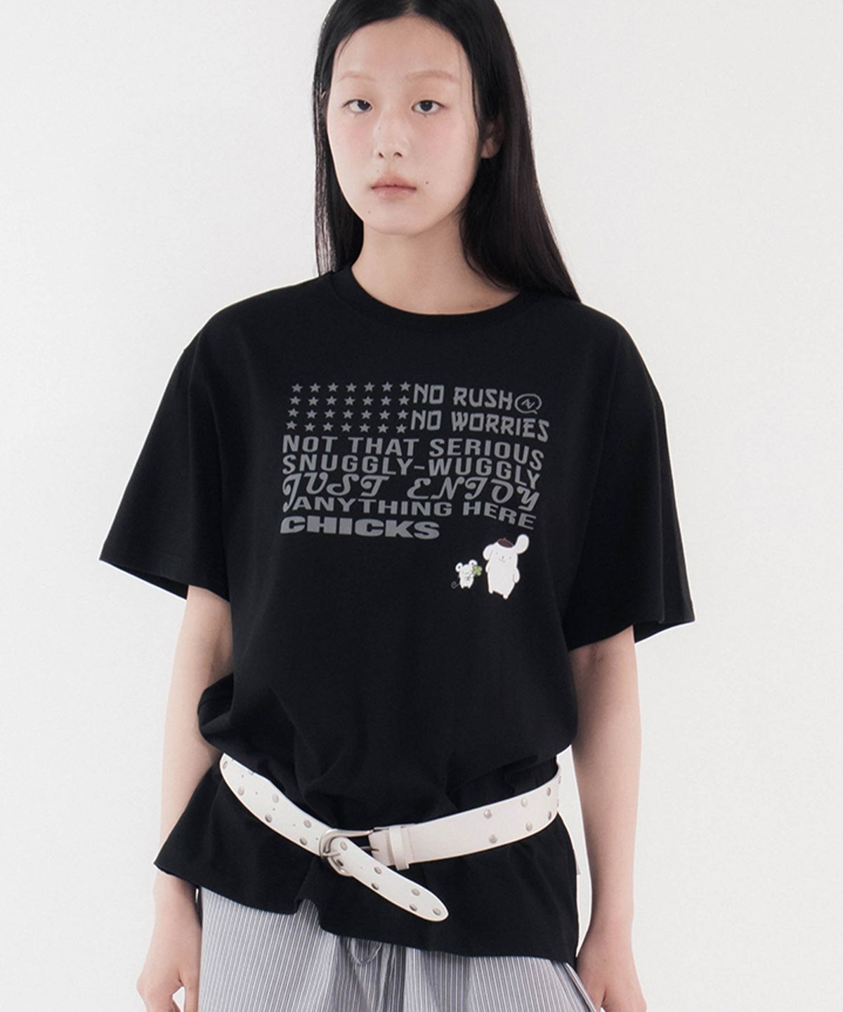 칙스(CHICKS) 폼폼푸린 워글리 오버 반팔 티셔츠 블랙