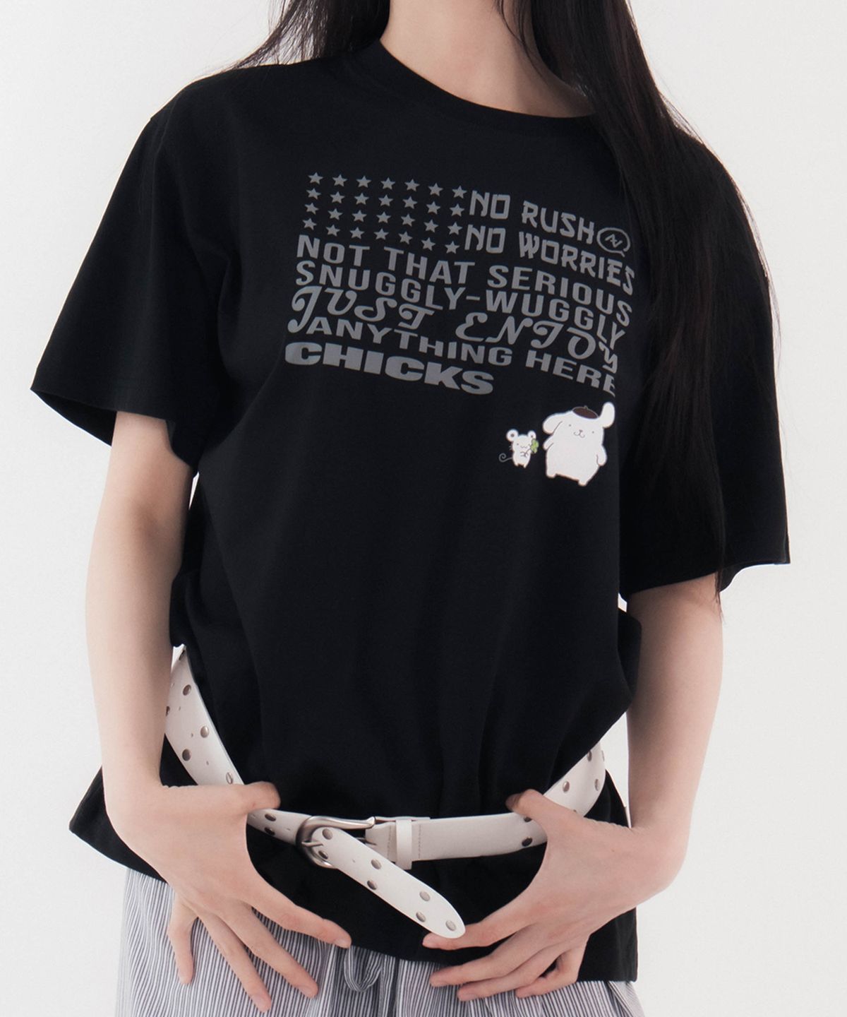 칙스(CHICKS) 폼폼푸린 워글리 오버 반팔 티셔츠 블랙