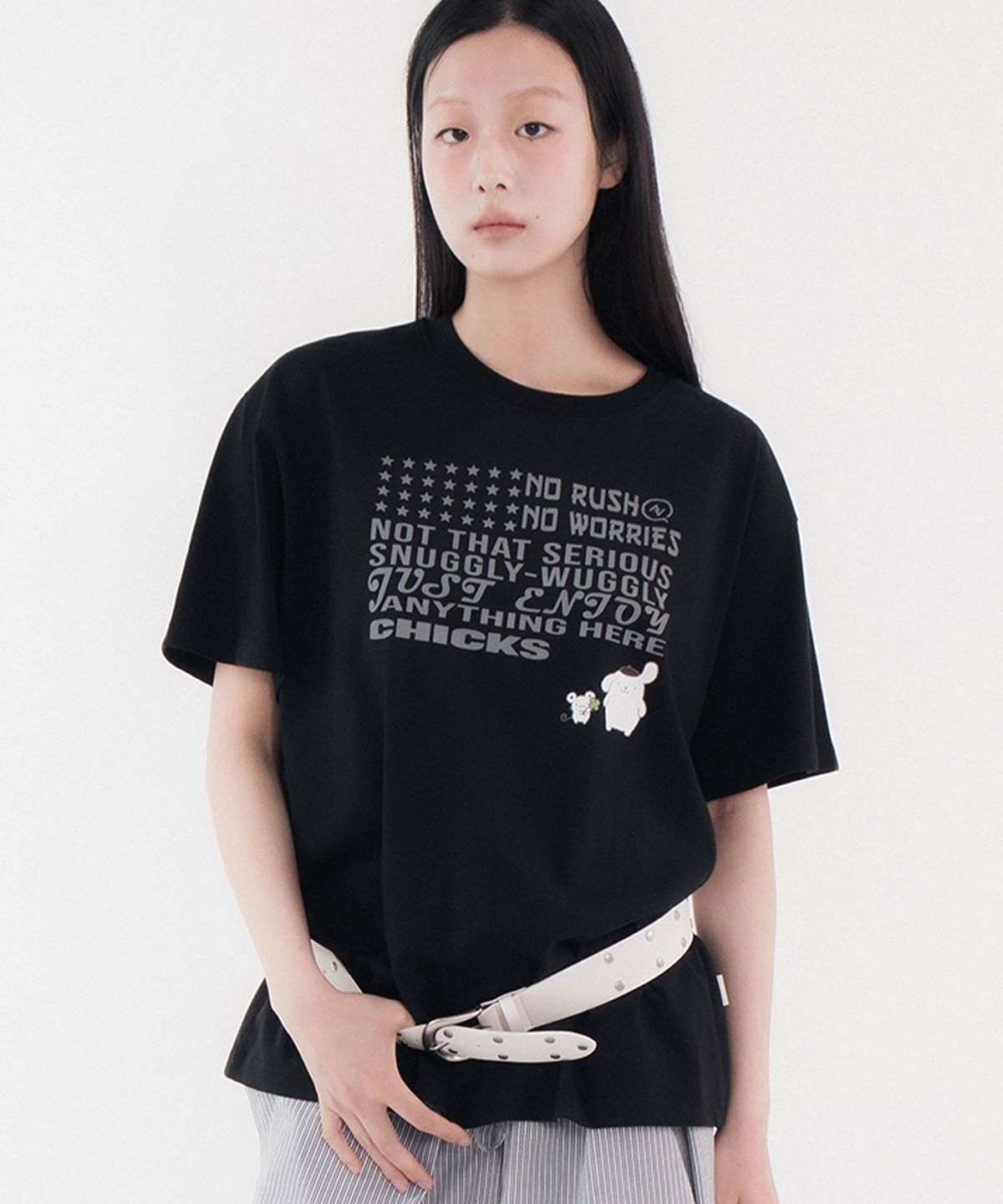 칙스(CHICKS) 폼폼푸린 워글리 오버 반팔 티셔츠 블랙