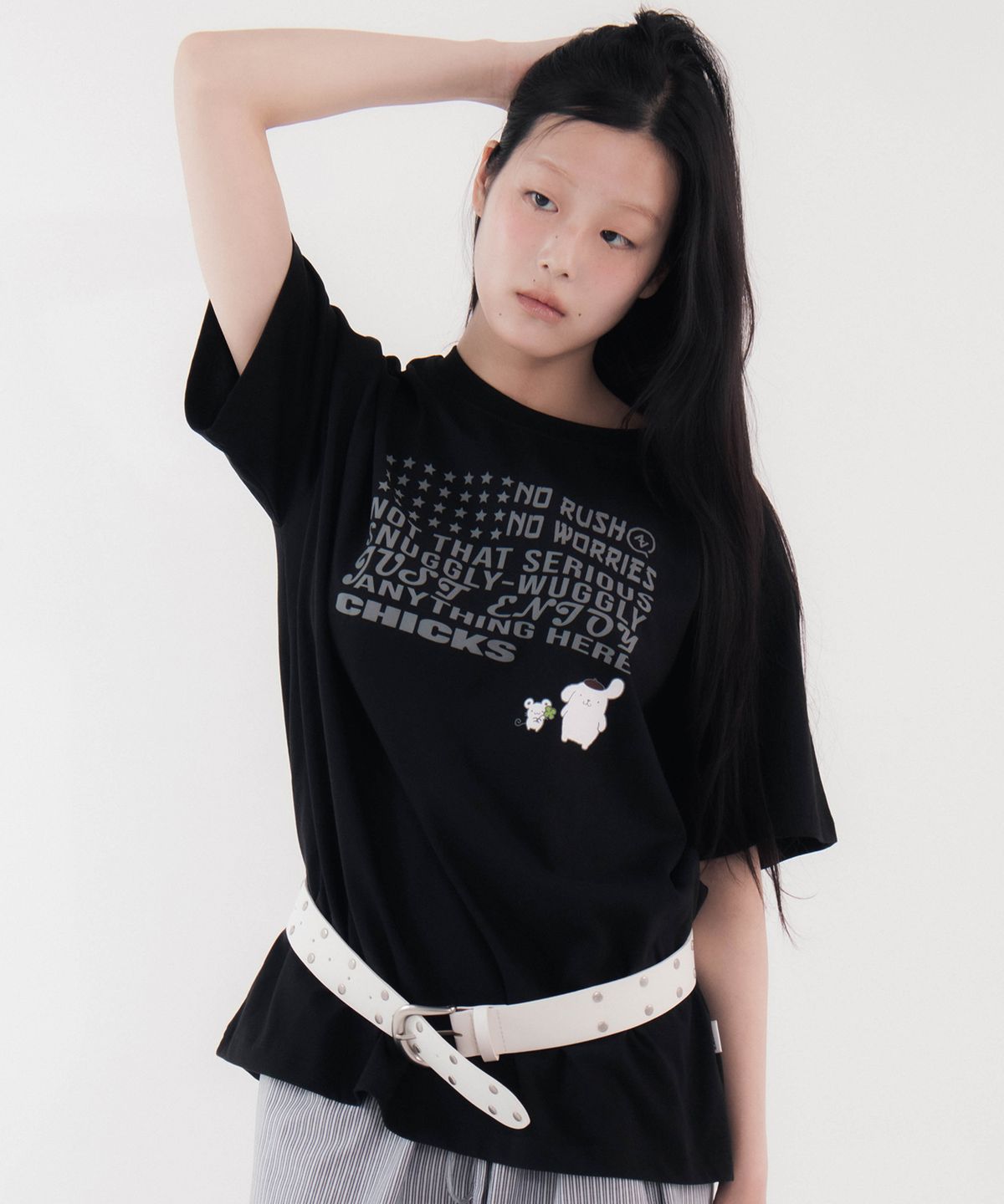 칙스(CHICKS) 폼폼푸린 워글리 오버 반팔 티셔츠 블랙