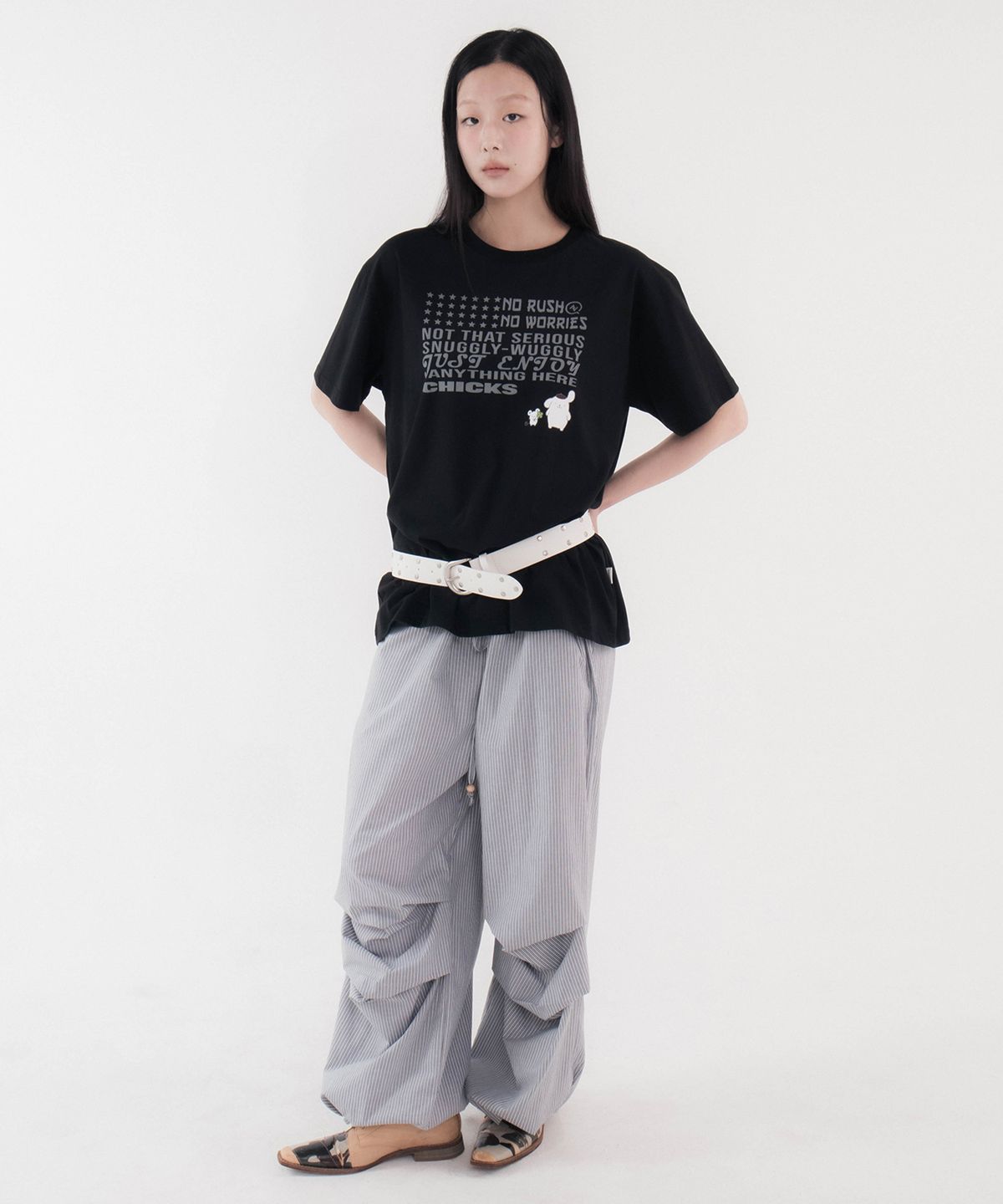 칙스(CHICKS) 폼폼푸린 워글리 오버 반팔 티셔츠 블랙