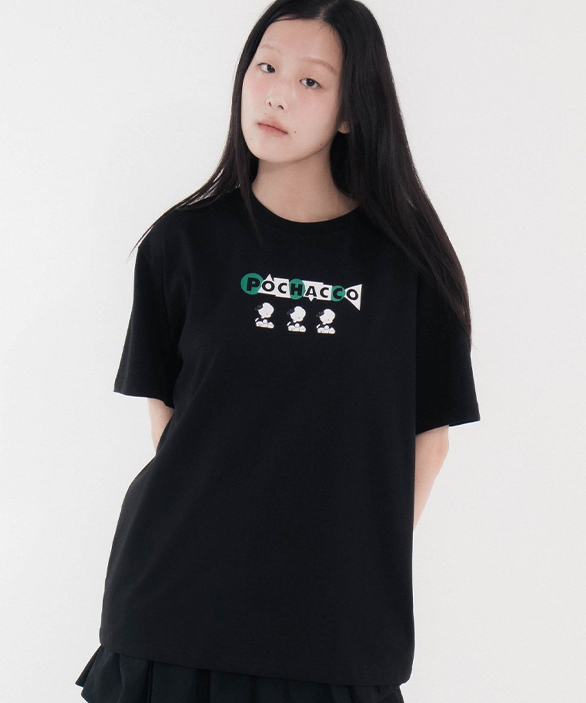 칙스(CHICKS) 포차코 지오메트릭 오버 반팔 티셔츠 블랙