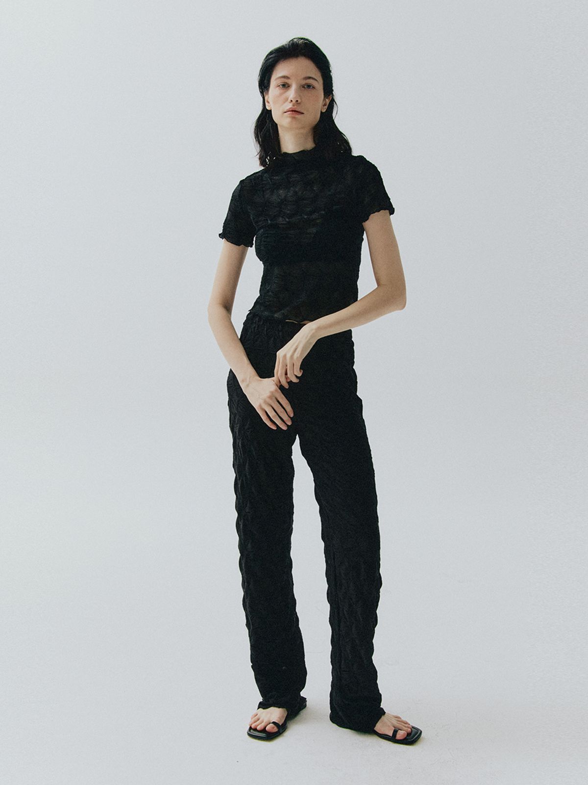 베데르미(VEDERMI) textured sheer half top (black)