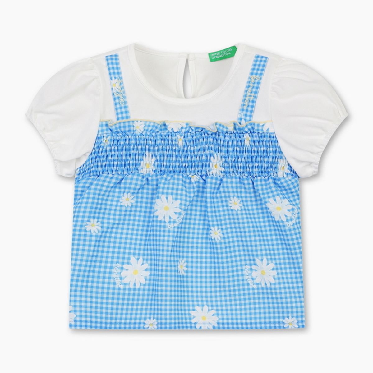 베네통키즈(BENETTONKIDS) 체크 데이지 스모킹 티셔츠_QATS29631BL