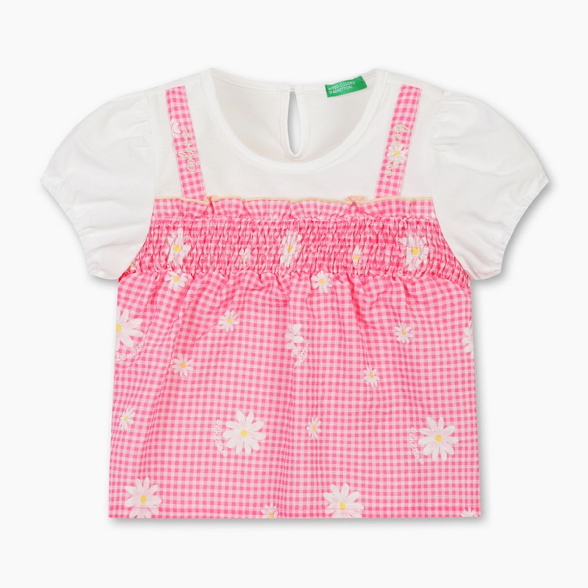 베네통키즈(BENETTONKIDS) 체크 데이지 스모킹 티셔츠_QATS29631PK