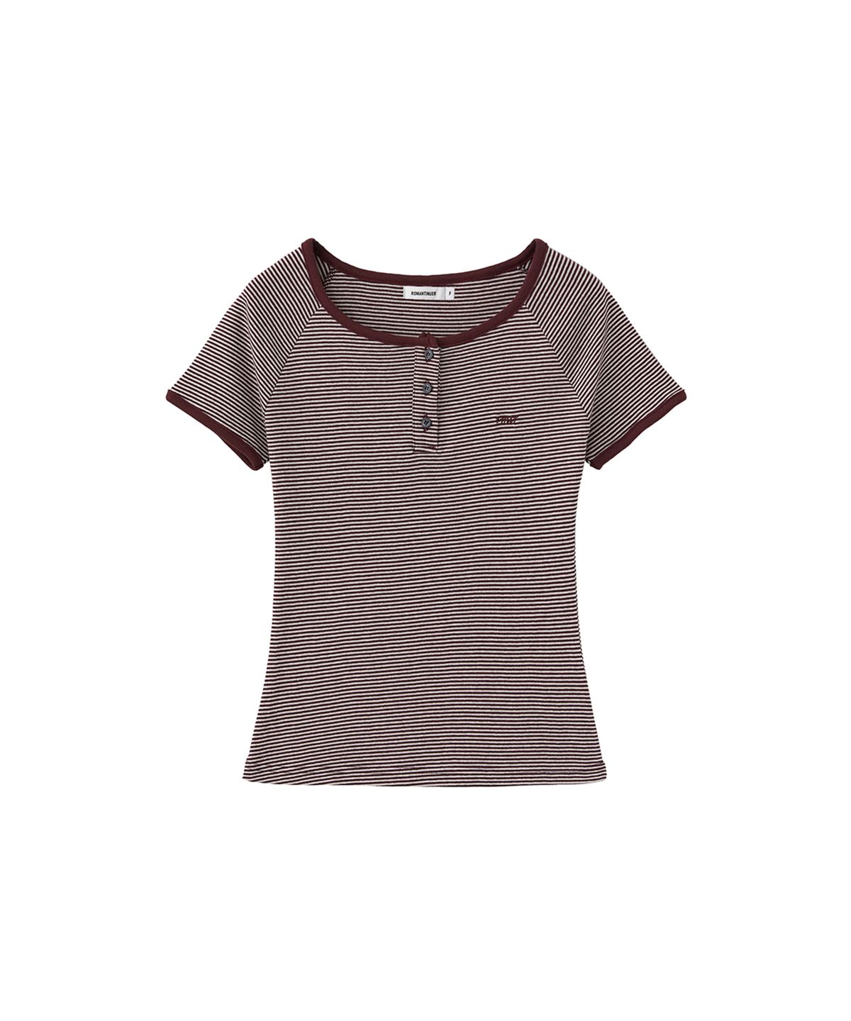 로맨티누어(ROMANTINUER) Stripe Henley Neck Short Sleeve T-shirt (Red)