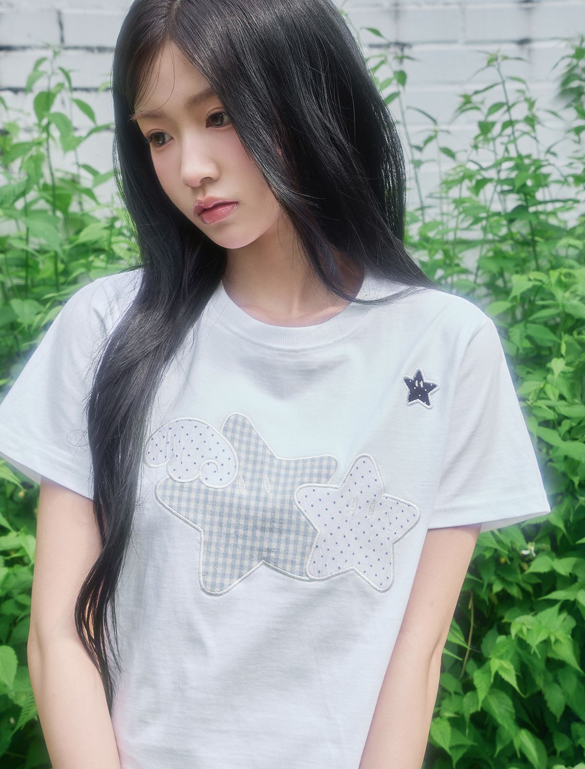 루프(LOOXP) 엔젤 스타 패치 도트 슬림핏 반팔티 아이보리