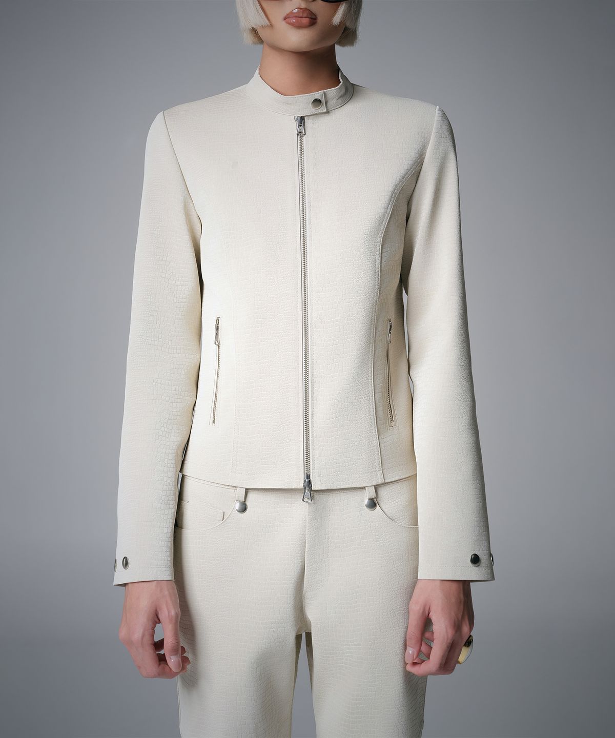 린하린(LYNHALYN) Croc Embossed Leather Jacket — Ivory