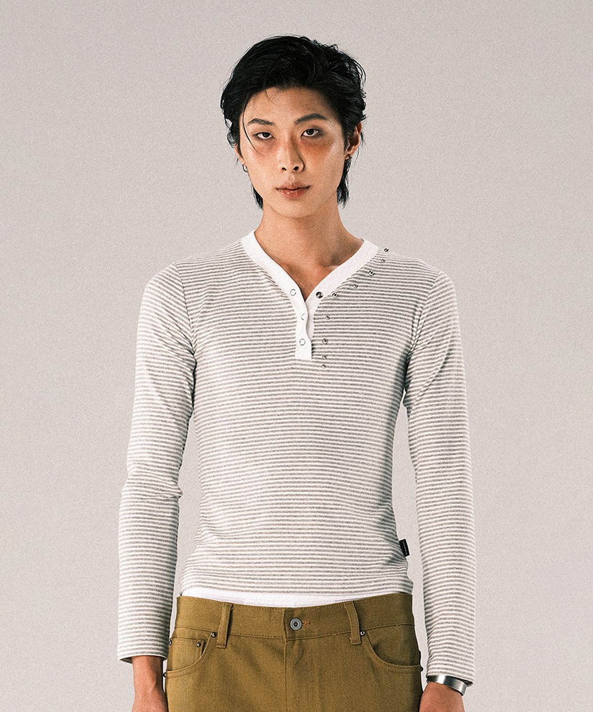 본바이한(BORNBYHAN) STUD NECKLINE STRIPE LONG SLEEVE GREY