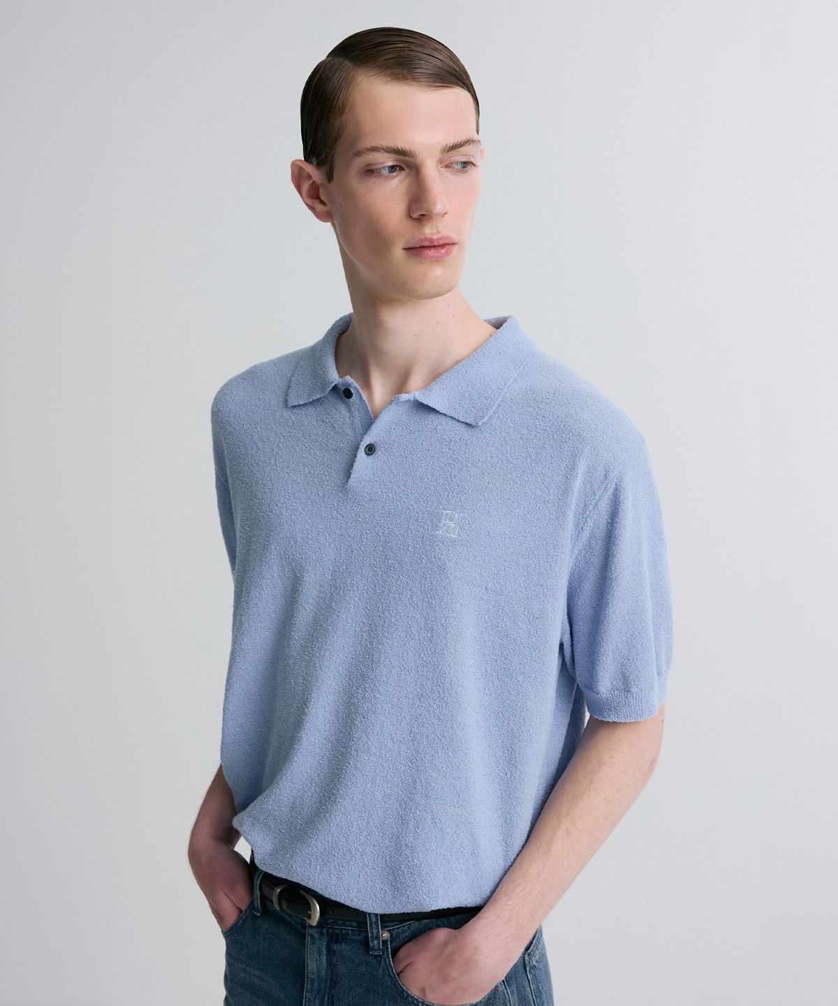 리이 맨(RERHEE MEN) BOUCLE KNIT POLO SHIRT OCEAN