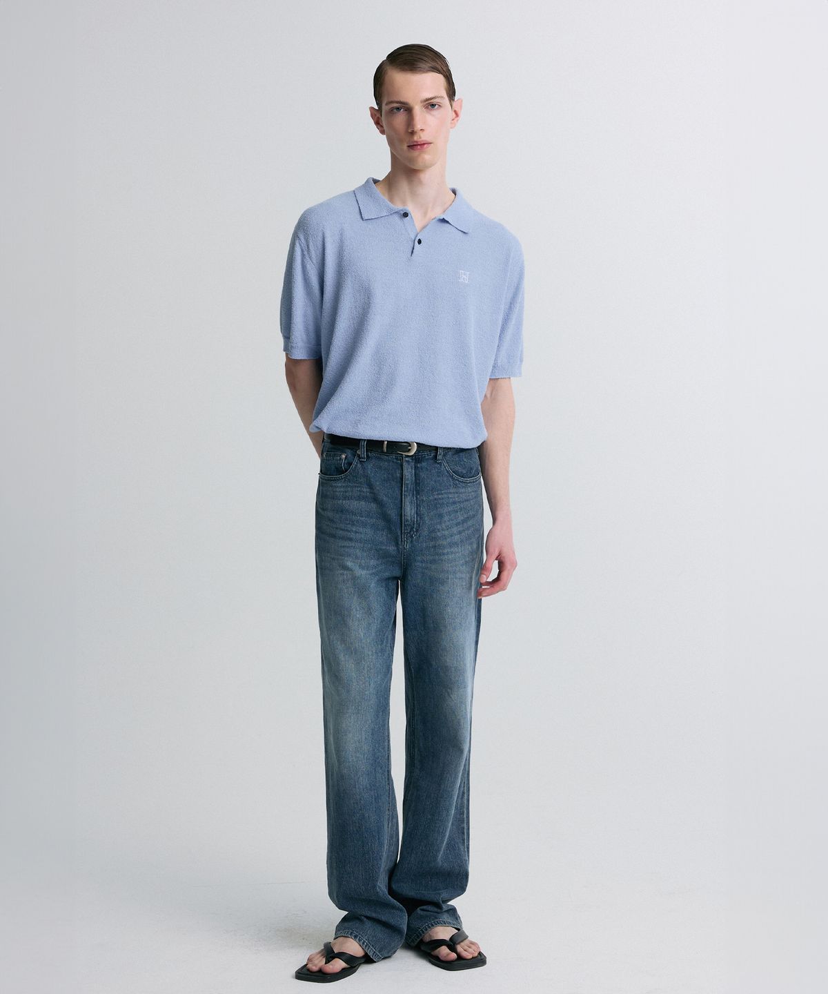 리이 맨(RERHEE MEN) BOUCLE KNIT POLO SHIRT OCEAN