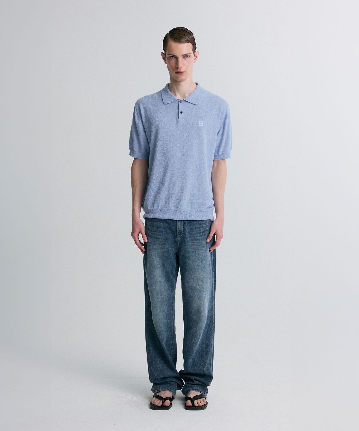 리이 맨(RERHEE MEN) BOUCLE KNIT POLO SHIRT OCEAN