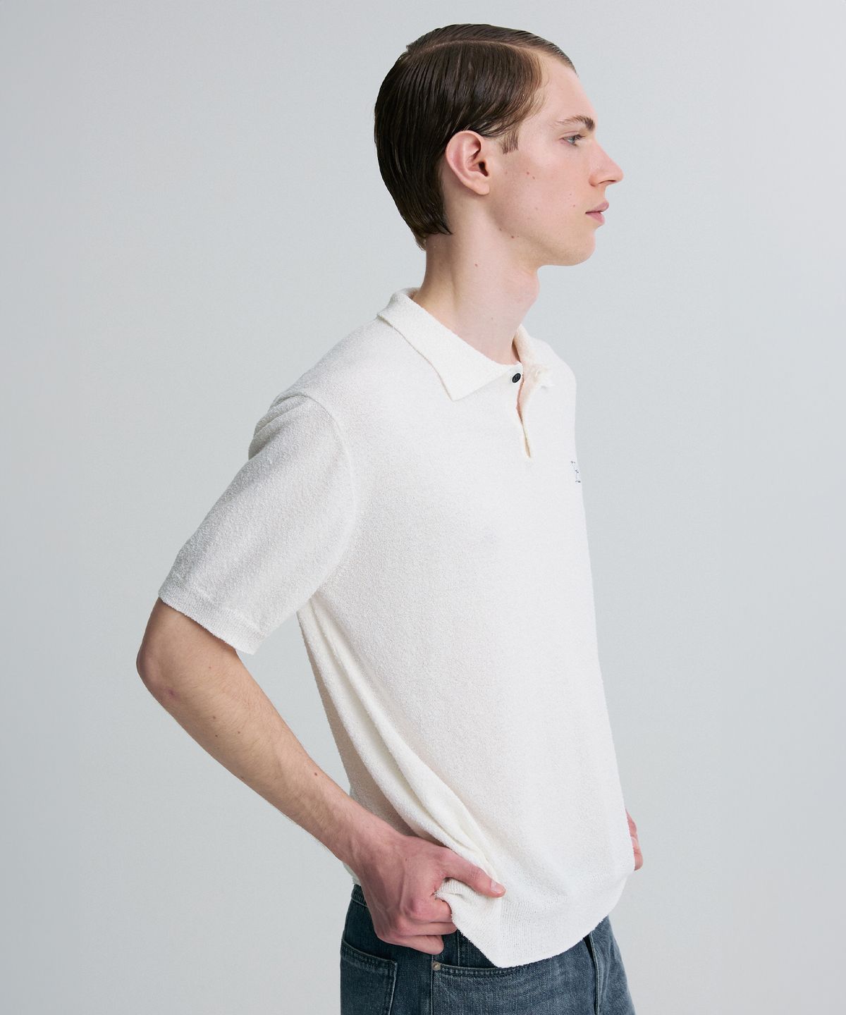 리이 맨(RERHEE MEN) BOUCLE KNIT POLO SHIRT WHITE