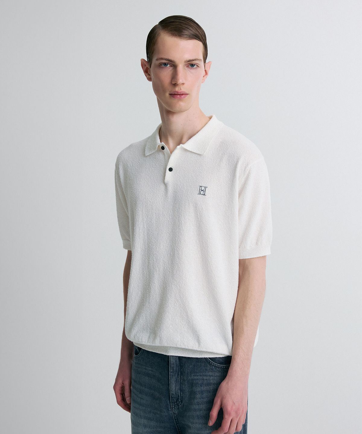 리이 맨(RERHEE MEN) BOUCLE KNIT POLO SHIRT WHITE