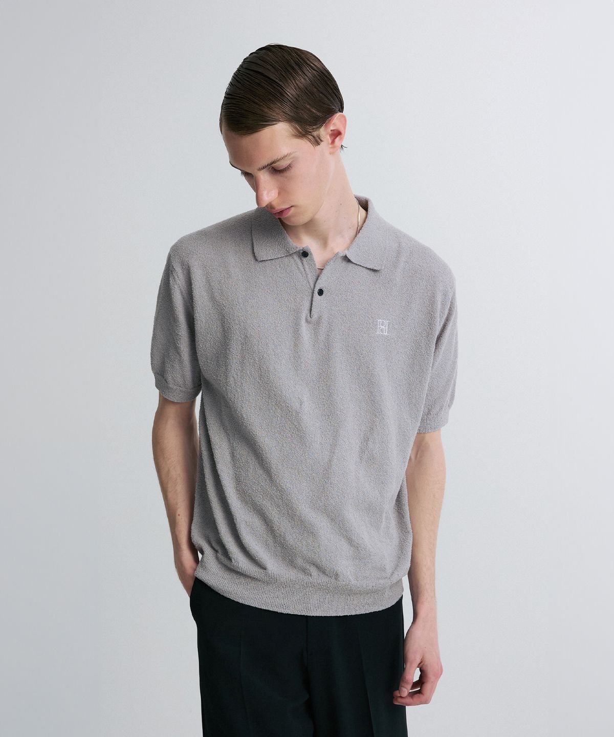 리이 맨(RERHEE MEN) BOUCLE KNIT POLO SHIRT GRAY