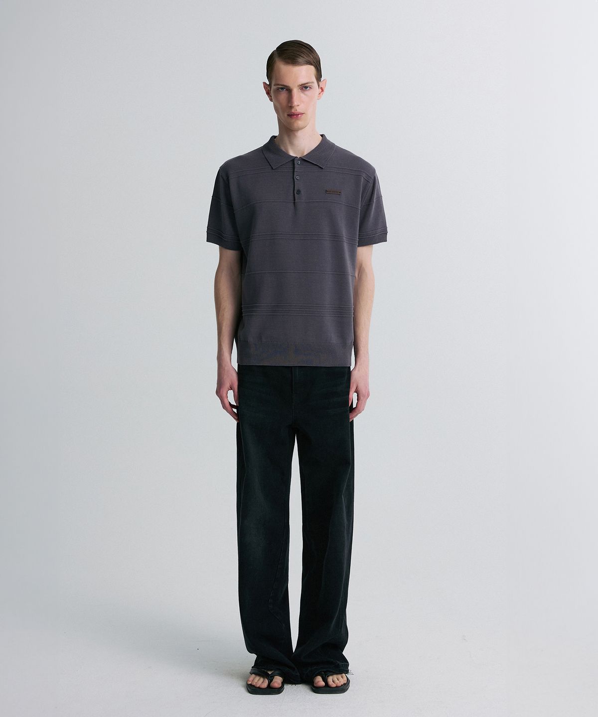 리이 맨(RERHEE MEN) RIBBED DETAIL KNIT POLO SHIRT STONE