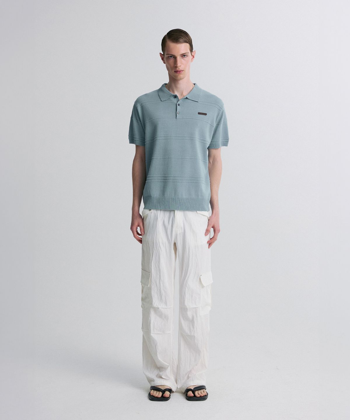 리이 맨(RERHEE MEN) RIBBED DETAIL KNIT POLO SHIRT CLOUD