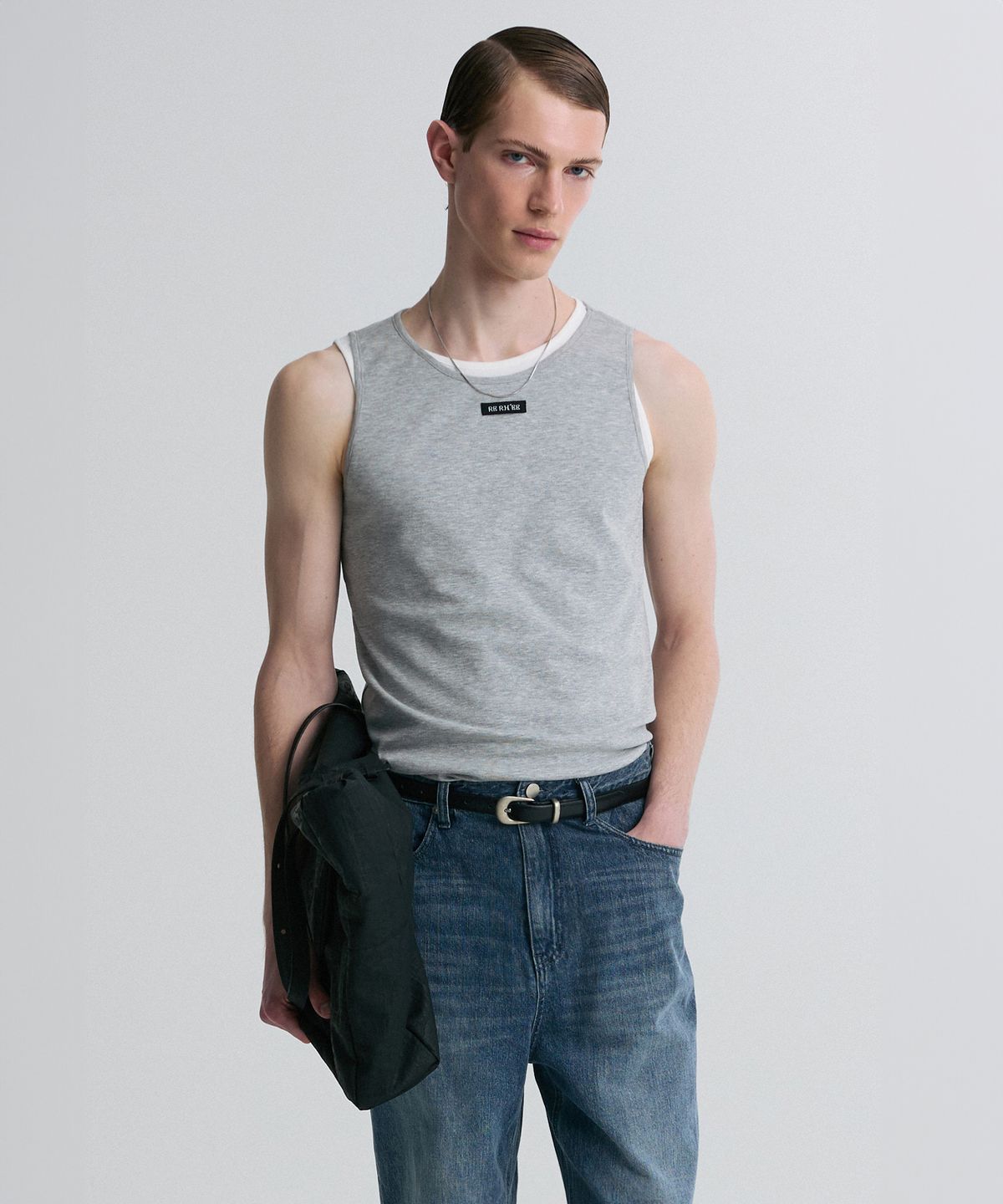 리이 맨(RERHEE MEN) LOGO SLEEVELESS TOP MELANGE GRAY