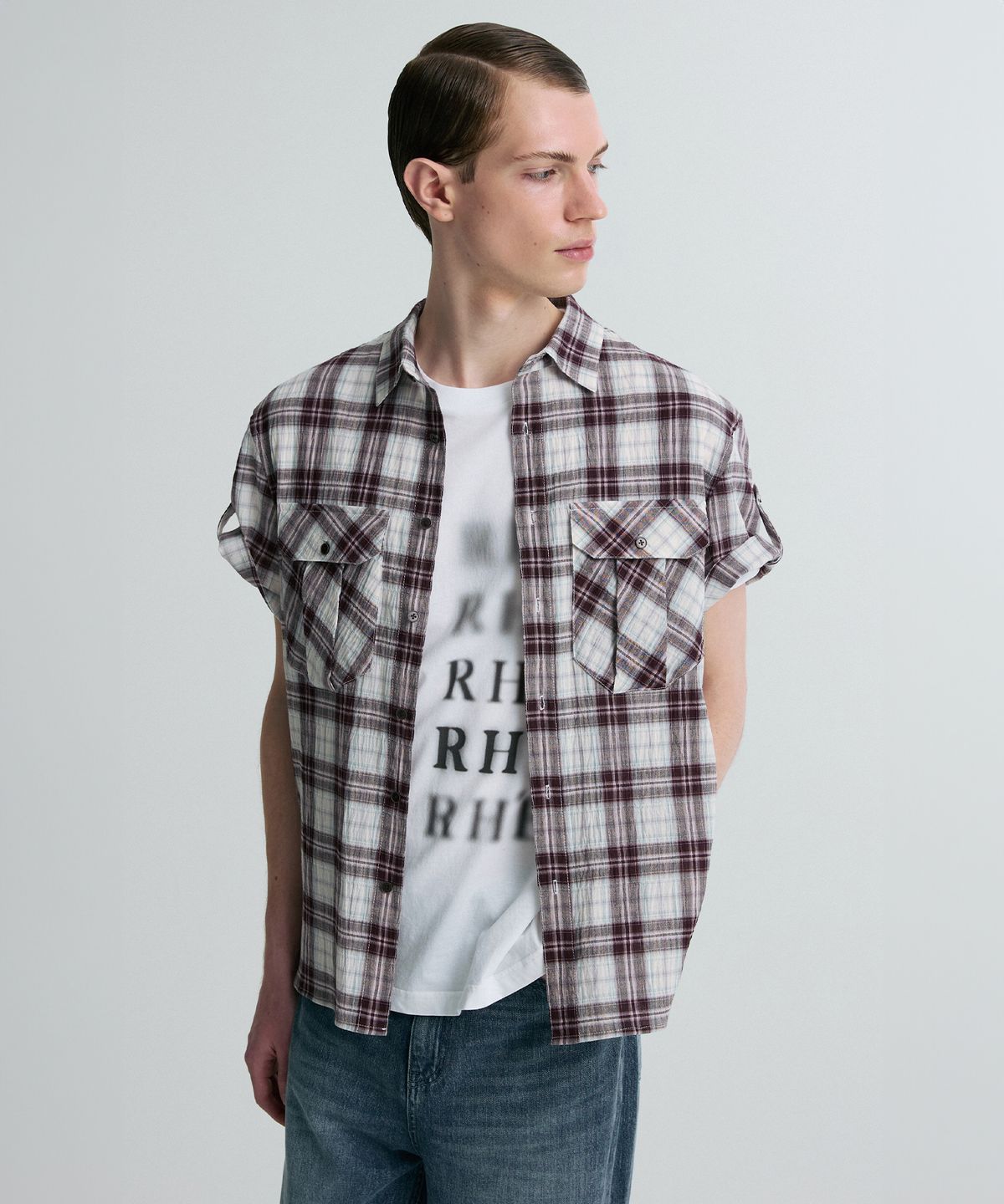 리이 맨(RERHEE MEN) ROLL-UP SLEEVE CHECK SHIRT WINE