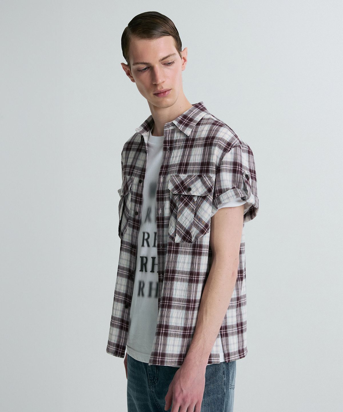 리이 맨(RERHEE MEN) ROLL-UP SLEEVE CHECK SHIRT WINE