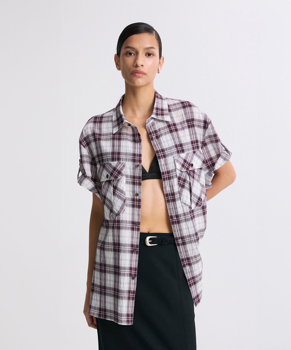 리이 맨(RERHEE MEN) ROLL-UP SLEEVE CHECK SHIRT WINE