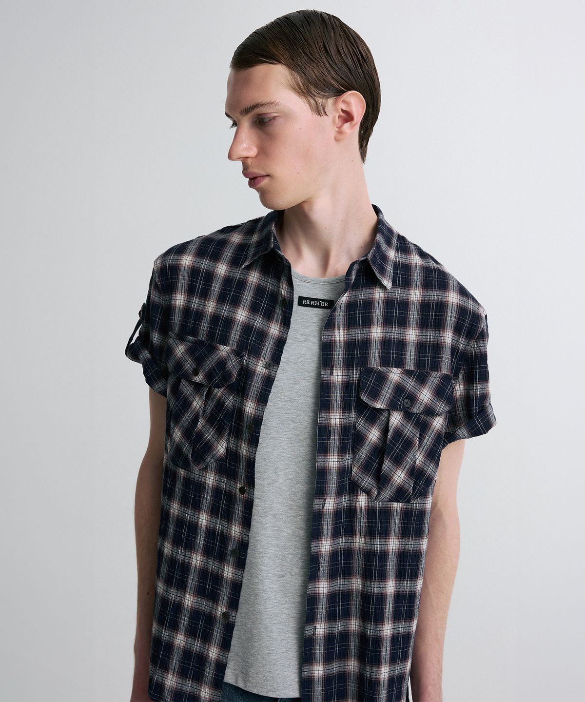 리이 맨(RERHEE MEN) ROLL-UP SLEEVE CHECK SHIRT NAVY