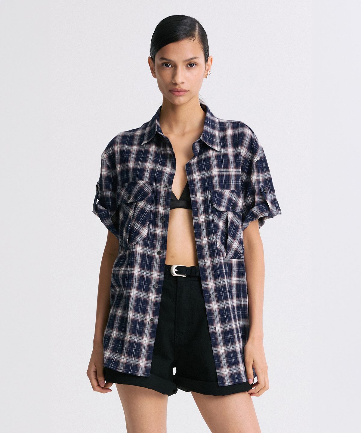 리이 맨(RERHEE MEN) ROLL-UP SLEEVE CHECK SHIRT NAVY