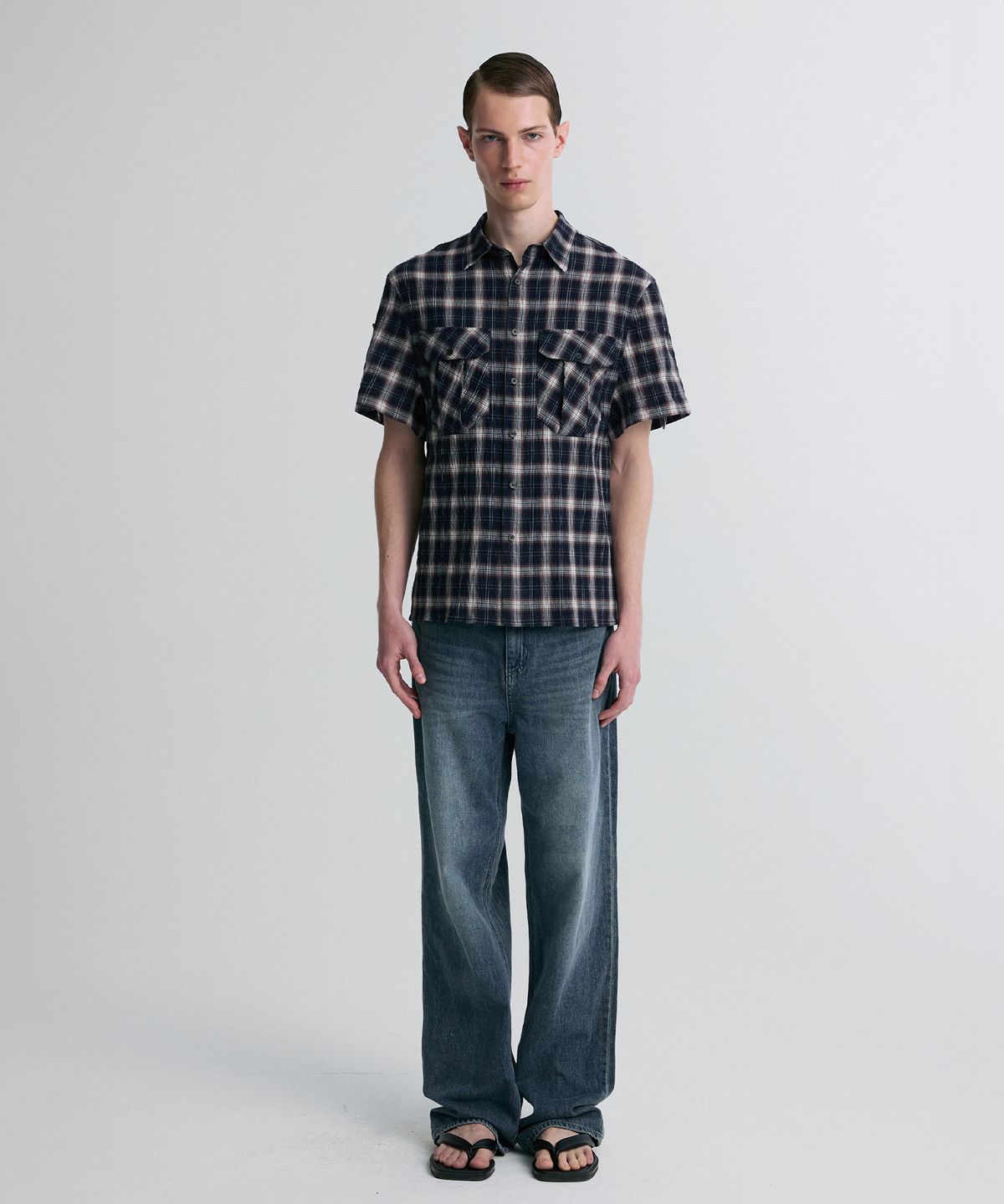 리이 맨(RERHEE MEN) ROLL-UP SLEEVE CHECK SHIRT NAVY