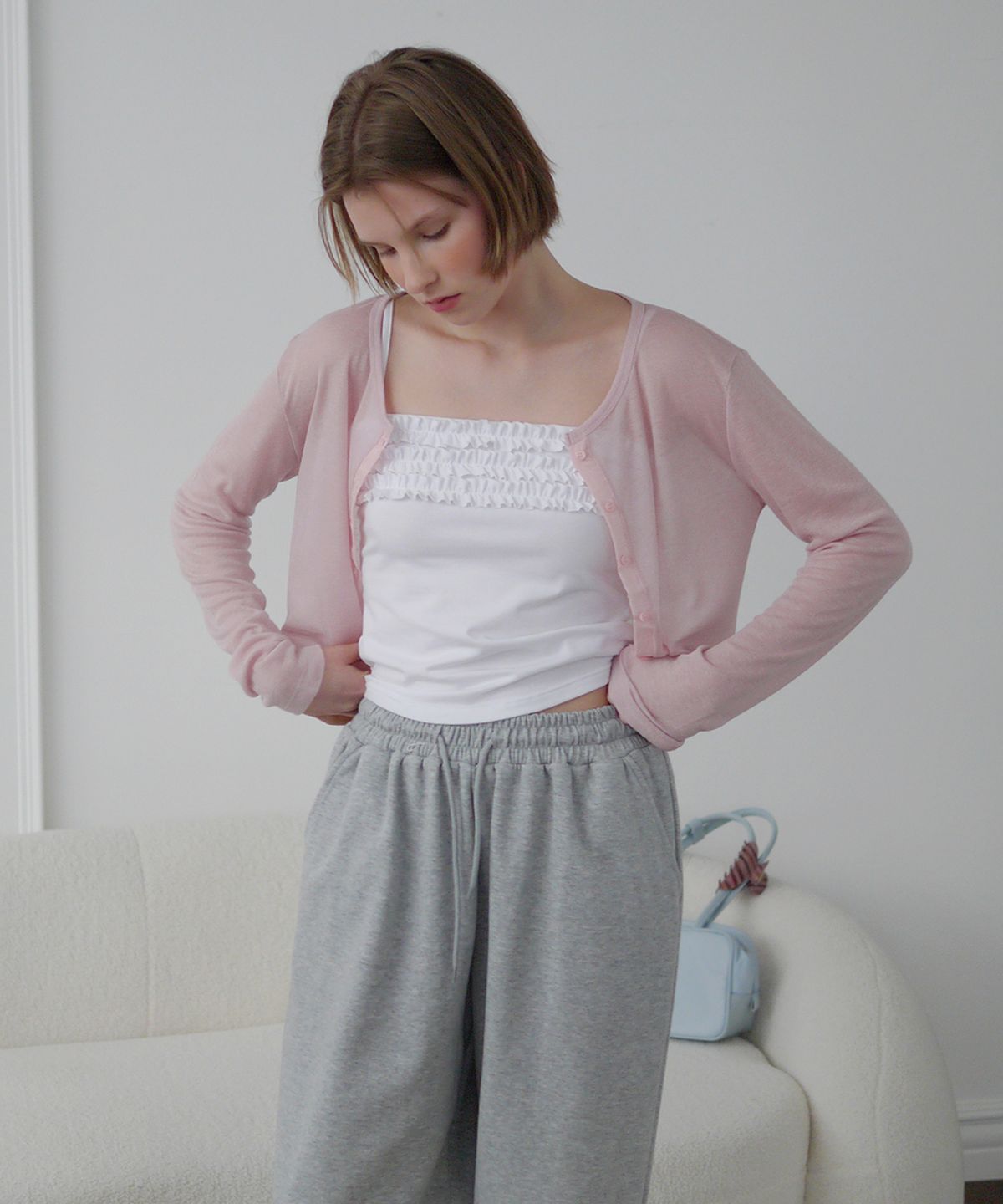 애프터아워즈(AFTERHOURS) SHEER LINE PANEL CARDIGAN (PINK)