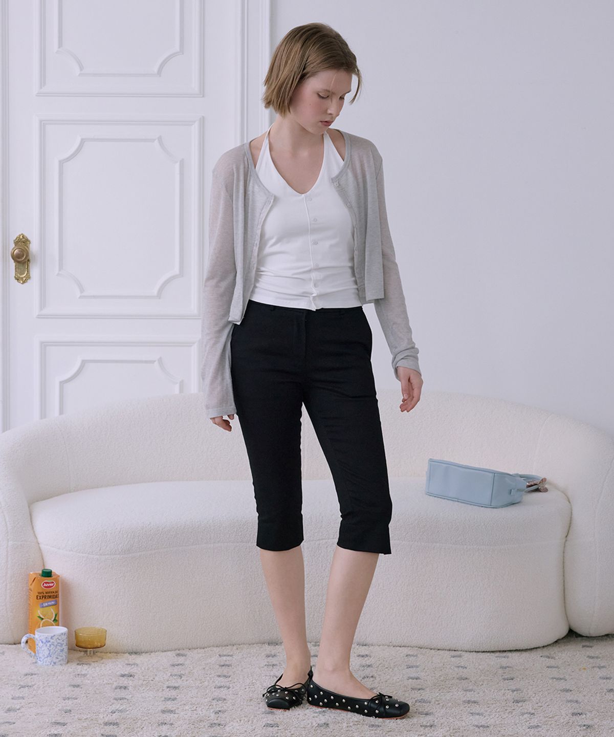 애프터아워즈(AFTERHOURS) SHEER LINE PANEL CARDIGAN (LIGHT GREY)