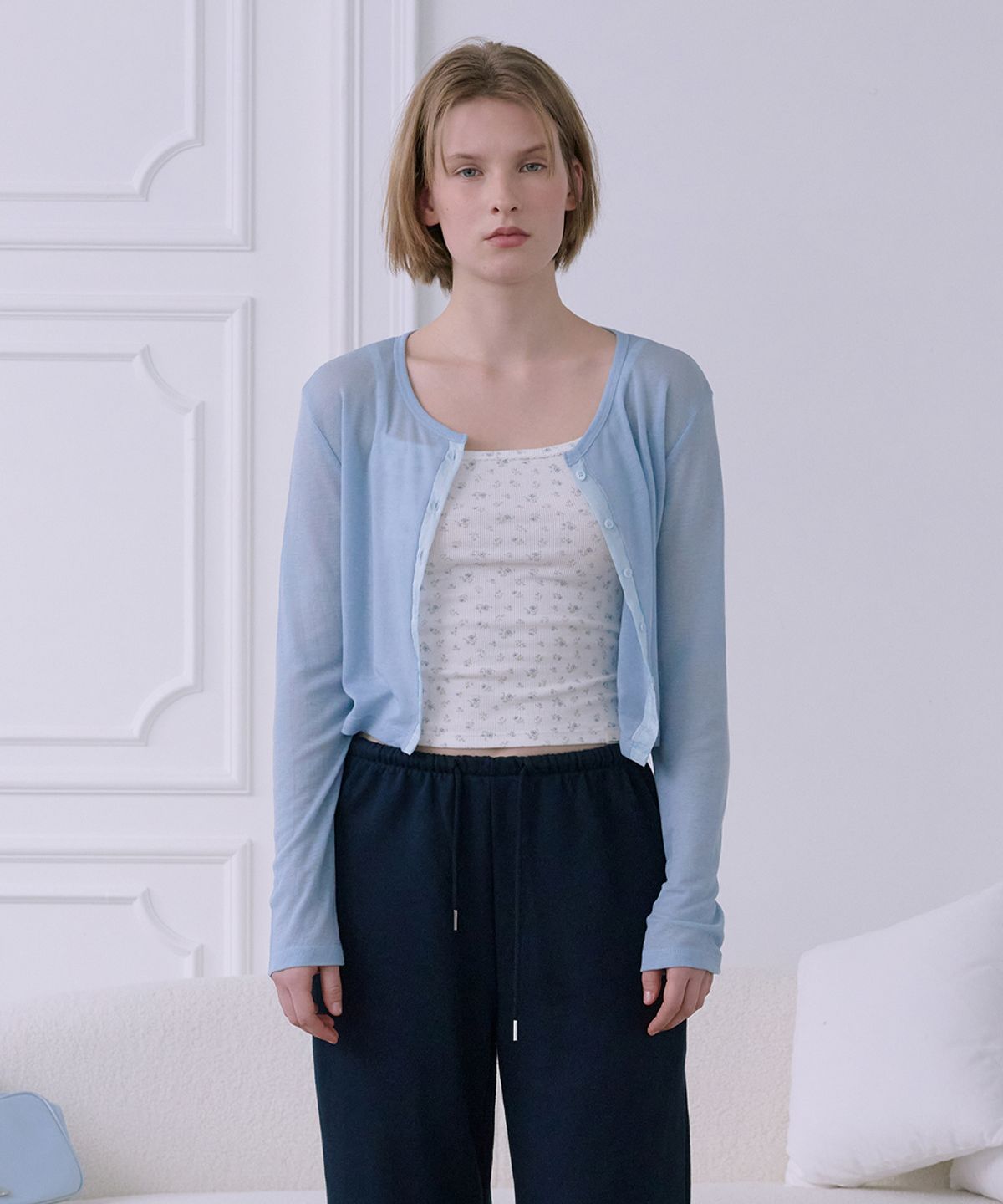 애프터아워즈(AFTERHOURS) SHEER LINE PANEL CARDIGAN (LIGHT BLUE)