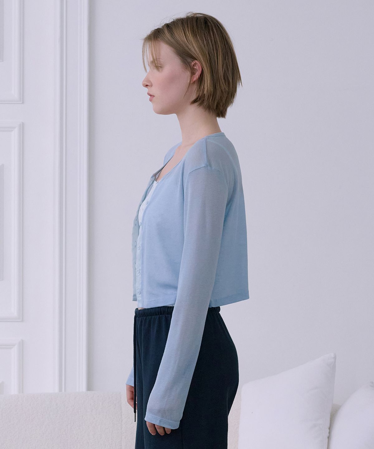 애프터아워즈(AFTERHOURS) SHEER LINE PANEL CARDIGAN (LIGHT BLUE)