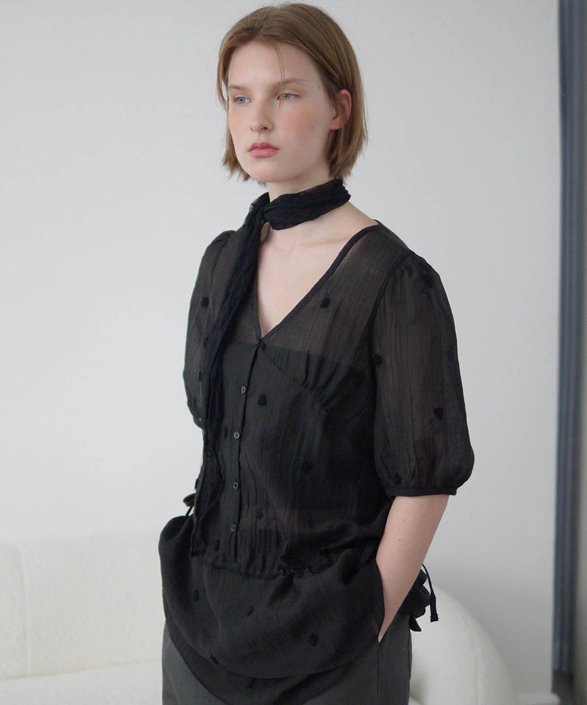 애프터아워즈(AFTERHOURS) FLORAL SHEER LAYERED DRESS (BLACK)