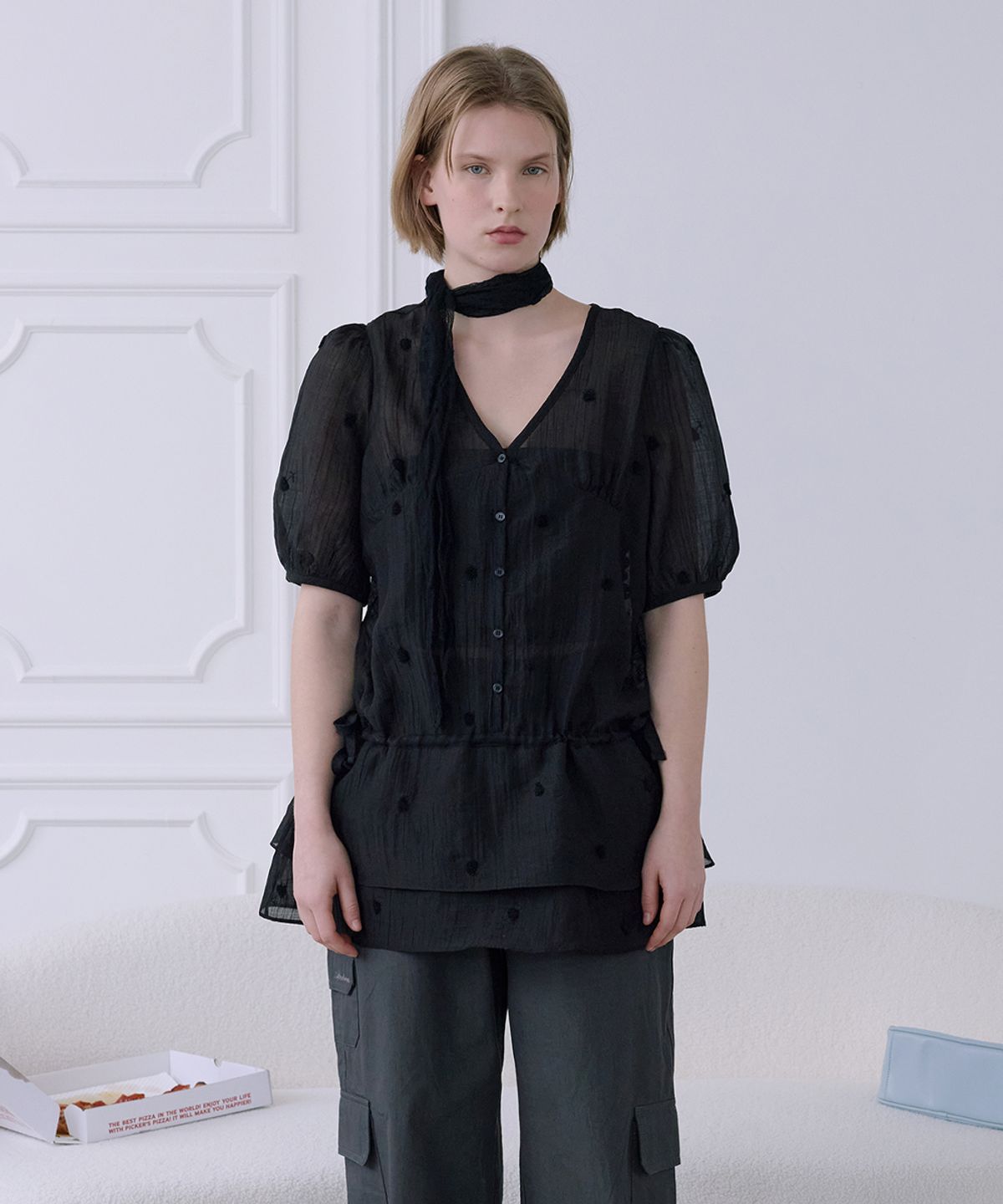 애프터아워즈(AFTERHOURS) FLORAL SHEER LAYERED DRESS (BLACK)