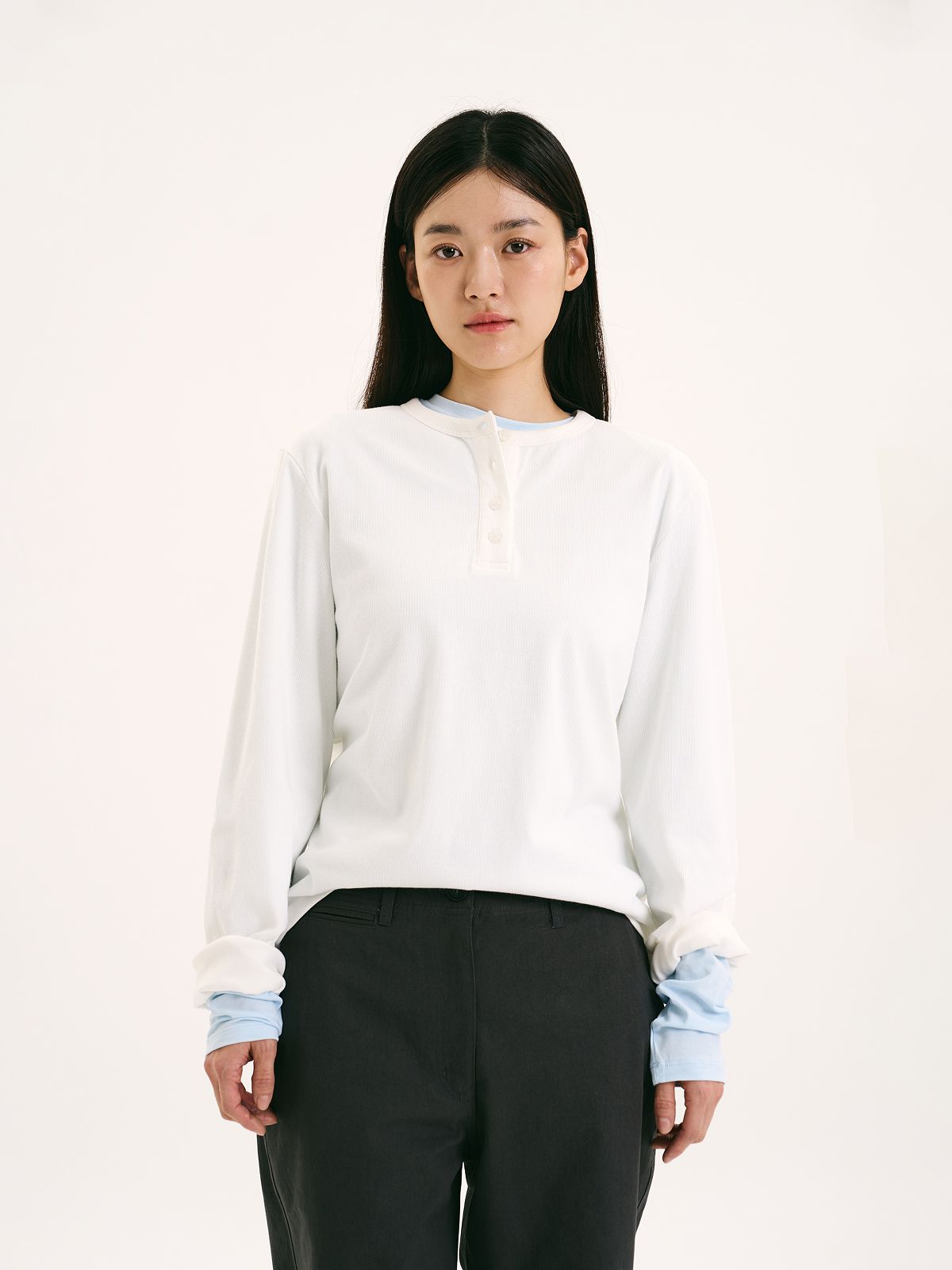 해브해드(HAVEHAD) 헨리넥 롱슬리브 티셔츠 (화이트)