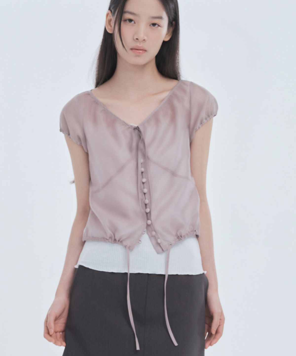 마우솔레움(MAU SOLEUM) Sheer Ribbon Tie Shirring Blouse - Grey