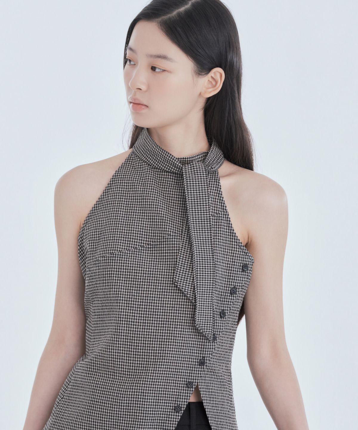 마우솔레움(MAU SOLEUM) Asymmetric Scarf Halter Neck Blouse - Black Check