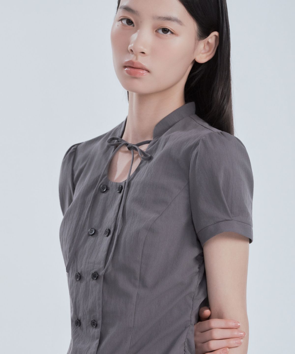 마우솔레움(MAU SOLEUM) String Tie Double Button Blouse - Grey