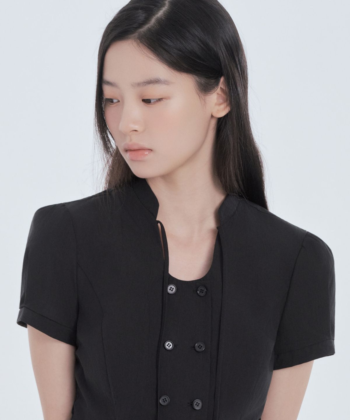 마우솔레움(MAU SOLEUM) String Tie Double Button Blouse - Black