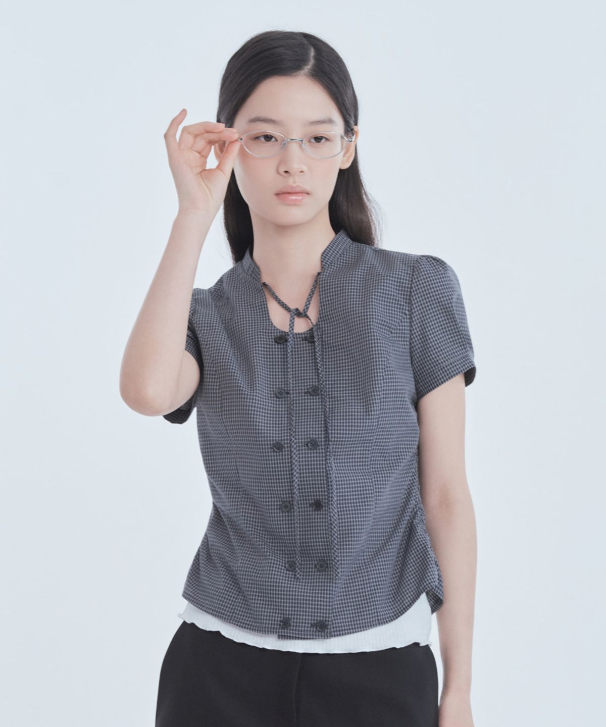 마우솔레움(MAU SOLEUM) String Tie Double Button Blouse - Check