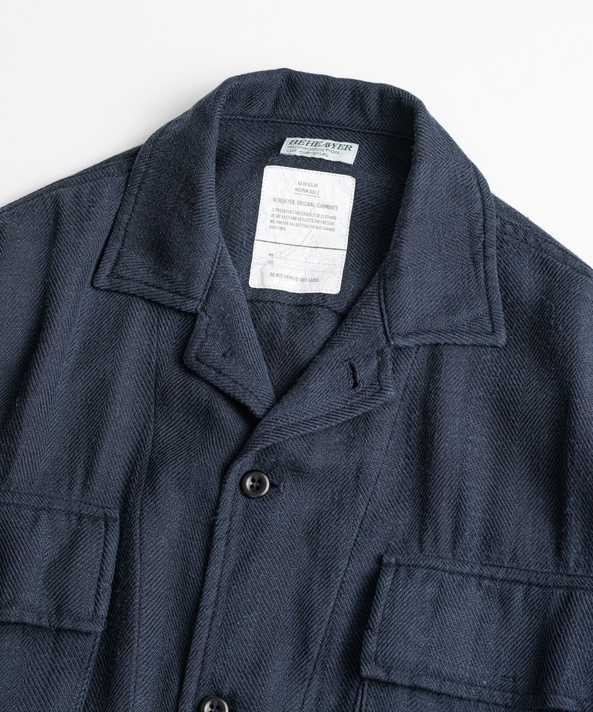 비헤비어(BEHEAVYER) DYED HBT LINEN M43 1/2 SHIRTS navy
