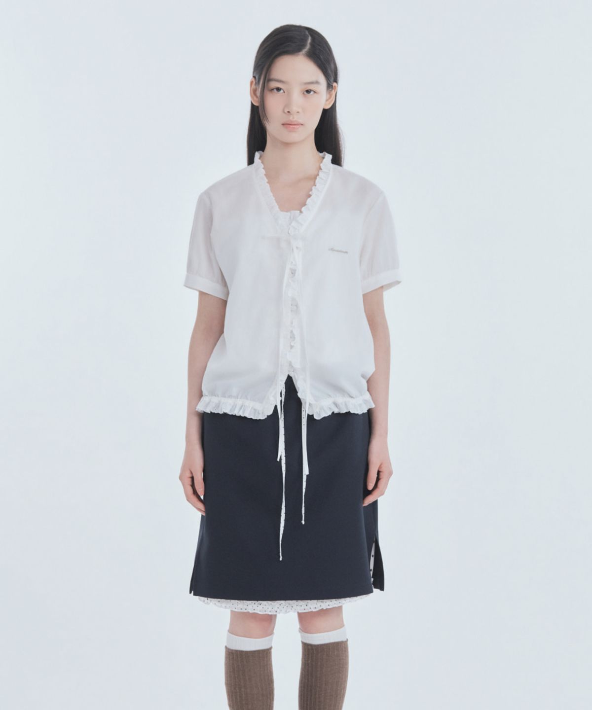 마우솔레움(MAU SOLEUM) Dot Frill Layered Skirt - Navy