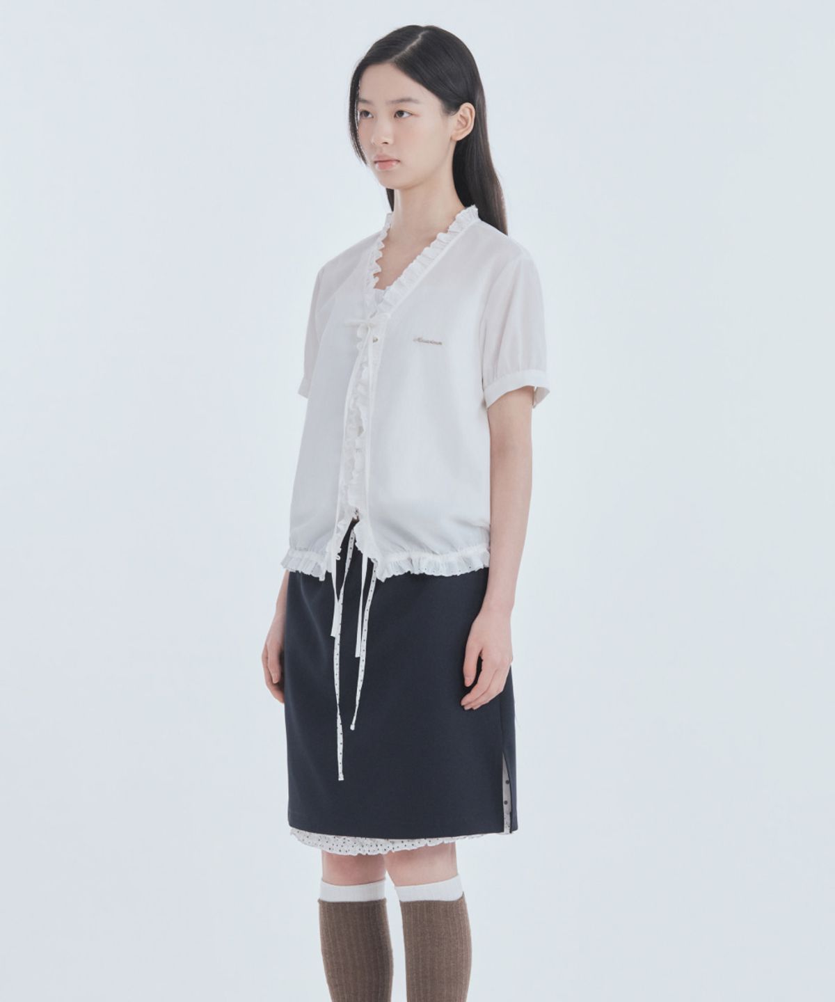 마우솔레움(MAU SOLEUM) Dot Frill Layered Skirt - Navy