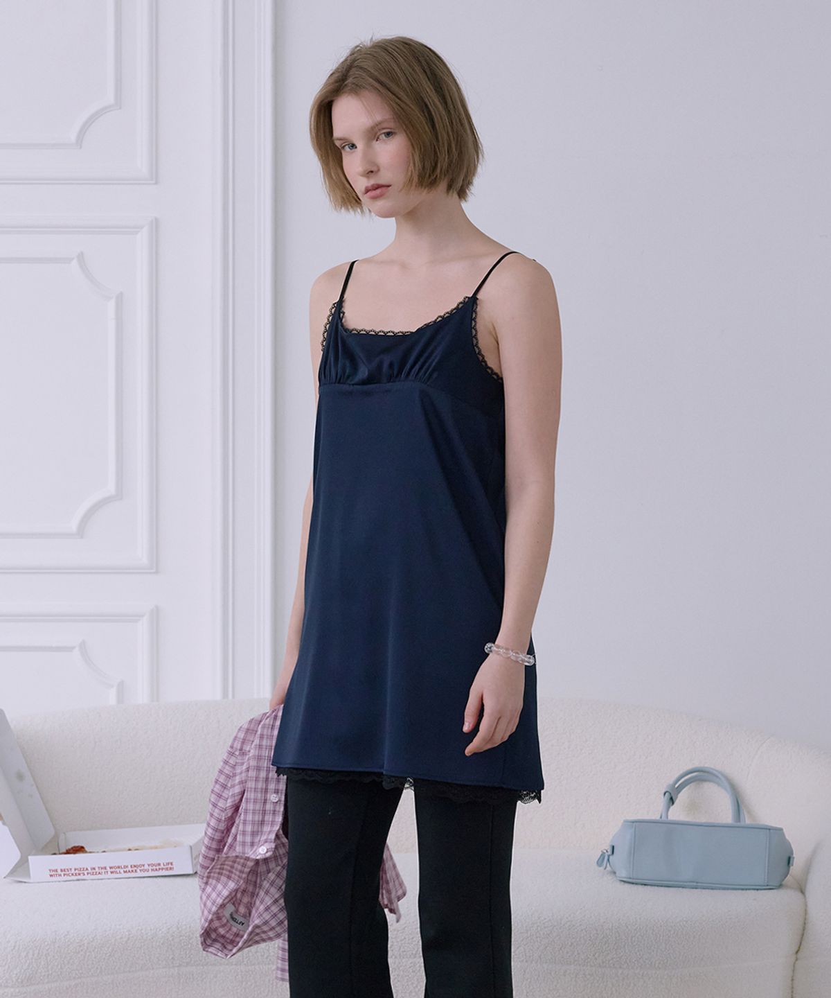 애프터아워즈(AFTERHOURS) LACE SLIP MINI DRESS (NAVY)