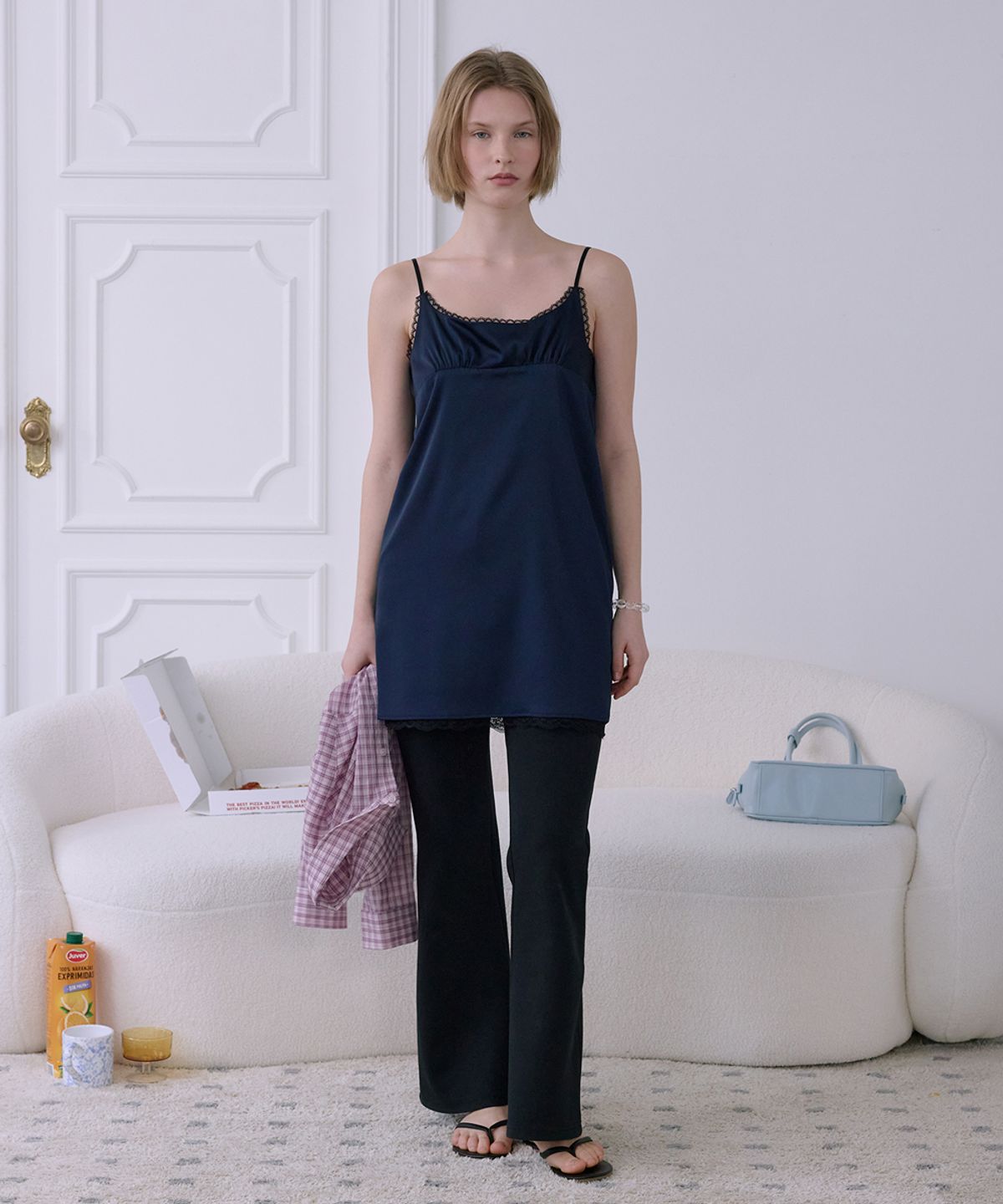 애프터아워즈(AFTERHOURS) LACE SLIP MINI DRESS (NAVY)