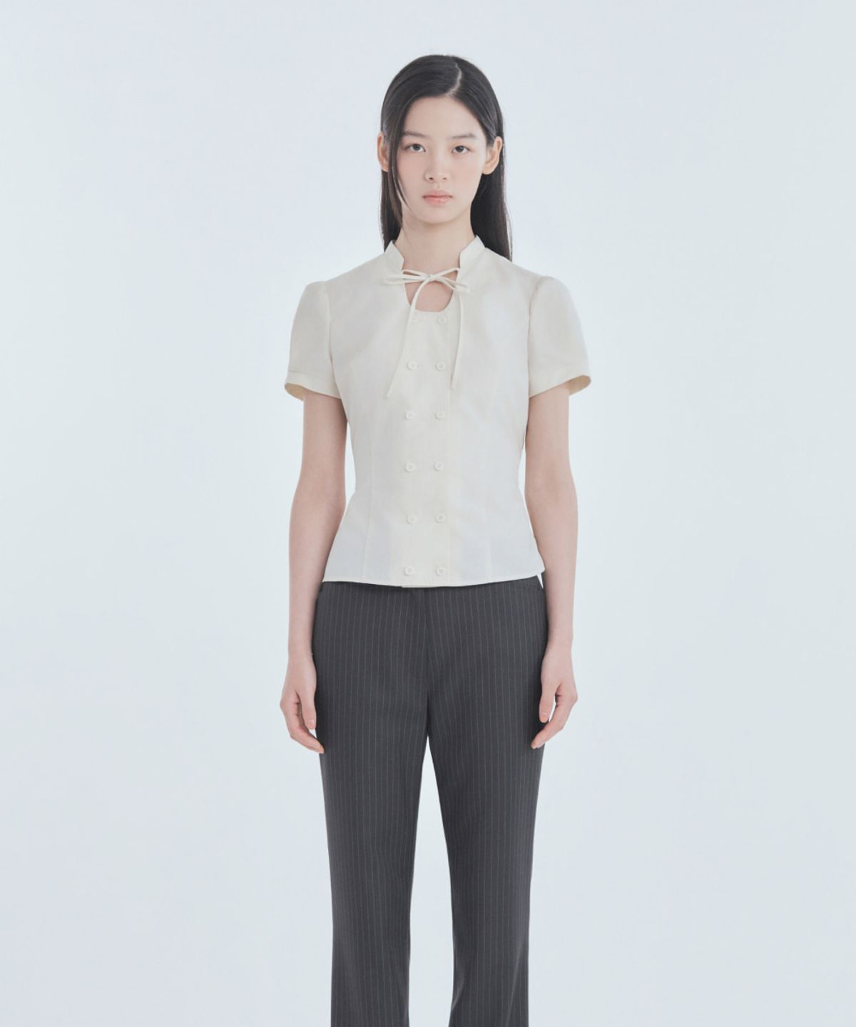 마우솔레움(MAU SOLEUM) Emma Tailored Semi Bootcut Slacks - Chacoal Stripe